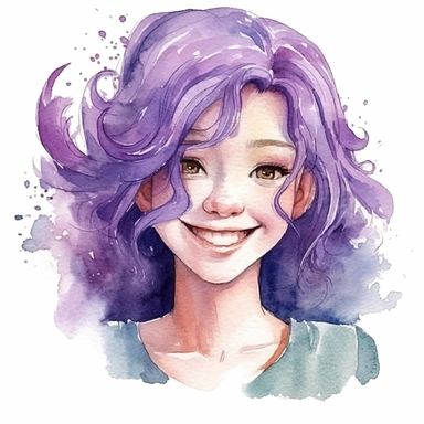 watercolour clipart of a girl with purple hair , she is the catalyst for her group shared common dreams, binding the girls together. She is direct, occasionally sharp-tongued, and highly empathetic. With a heart full of compassion, she never hesitates to lend a helping hand to anyone in need. She`s dedication to their craft is unparalleled, make her smiling, exalted mood, white background, 8k, f1