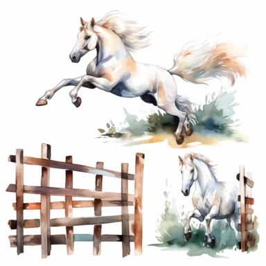 Watercolor horse racing , horse jumping over fence, illustrations clipart set, simple, white horse , cartoon elements, different variants , separate elements with a margin