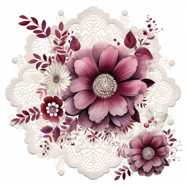 awatercolor white doilies with burgundy flowers clipart