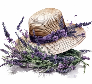 DESIGN A MAGNIFICENT AND EXQUISITE BREATHTAKING ONE-OF-A-KIND HIGH QUALITY HIGHLY DETAILED MASTERPIECE WATERCOLOR CLIPART ILLUSTRATION OF A lavender branches and lavender hat, in the style of realistic yet romantic, dye-transfer, nostalgic subjects, inventive, contest winner, ferrania p30, whistlerian, white background