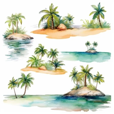 Tropical island beach clipart set isolated on white, watercolor, - - no photograph
