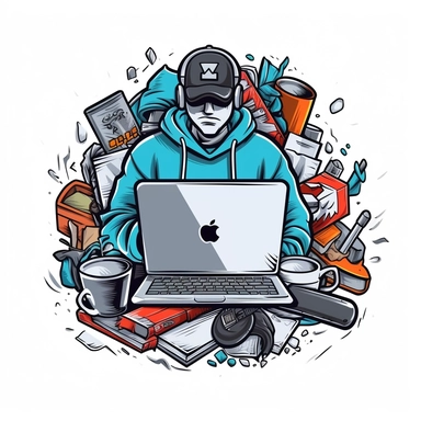 A clipart style representation of a company that uses laptops, computers, notepads, business tools, etc., T-shirt design graphic, vector, contour, white background