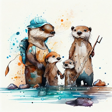 funny otter family going to fishing big fish, CLIPART, watercolor, ink, ultra-detailed, cartoon style, white background, black outside lines –testp,