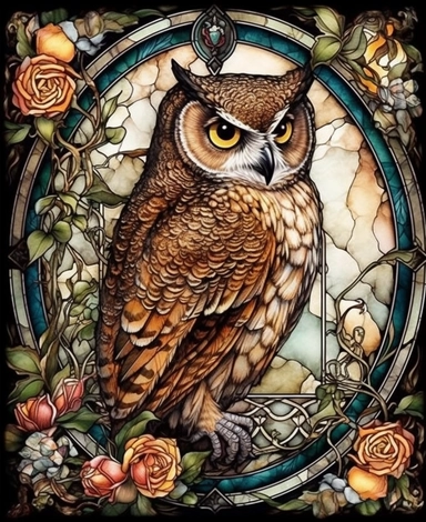 DESIGN A MAGNIFICENT AND EXQUISITE BREATHTAKING ONE-OF-A-KIND HIGH QUALITY HIGHLY DETAILED MASTERPIECE WATERCOLOR CLIPART ILLUSTRATION OF the frame is made of ornate oak adorned with roses and an owl, in the style of drew struzan, beige and amber, terry oakes, wimmelbilder, cryptid academia, characterized animals, STAINED GLASS WINDOW, WHITE BACKGROUND