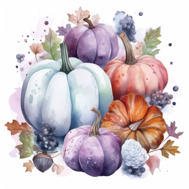 adorable watercolor winter illustration clipart, lotuses and different varieties of pumpkins under the snow, winter, dark colours, highly detailed, markers copic style, white background