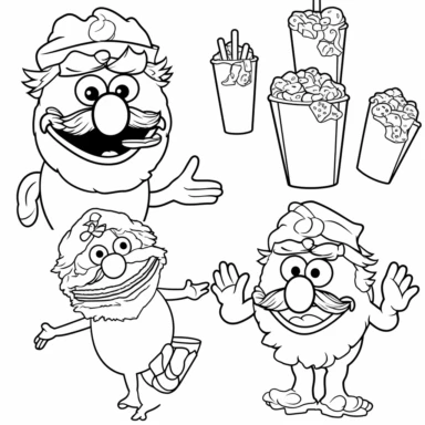 a set of black line clipart inspired by fast food and vampires and muppets and Funko Pop toys