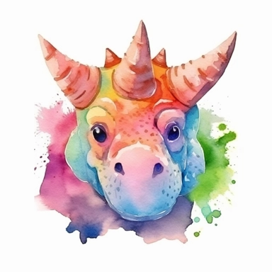 watercolored clipart with triceratops, funny and friendly, goofy, silly and playful dinosaur, colored, white background