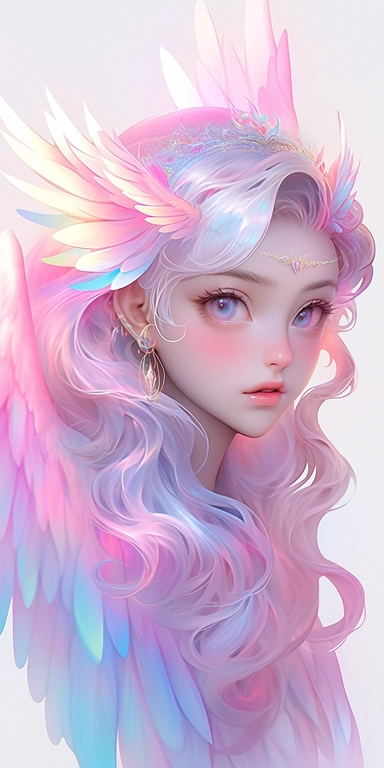 pastelcolor beautiful fantasy art, Angel with beautiful realistic face and beautiful eyes, with purple and pink feathers, angel wing, gold light, chibi kawaii animated style, vivid vibrant colors, intricate detail, hyper detailed, hyper quality, 32K, unreal engine, isolated on white background, kawaii, clipart