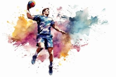 Watercolor, Design an action shot of a handball player jumping to shoot the ball clipart, hd, on a white background, spaced out