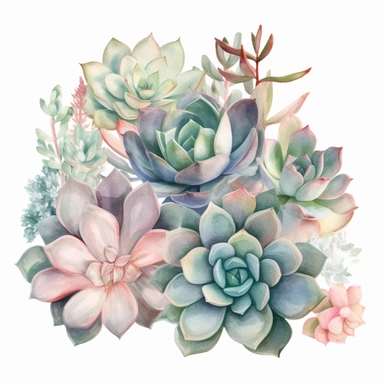 various pastel pink pastel green Succulent group, pastel watercolor painting clipart, isolated on white background for removing background no text shadow font watermark