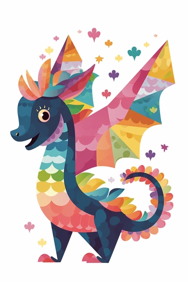 Folk art, scandinavian design, flying dragon, fairy tale, 2D illustration, Colorful, dark colored, white background, babycore, rainbow, Vector, Svg, Clip Art, Flat design,