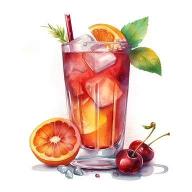 hand drawn fruity cocktail that contains vodka, peach schnapps, orange and cranberry juice and is served in a tall glass cocktail, very detailed and realistic, watercolor, white background with margins, clipart style
