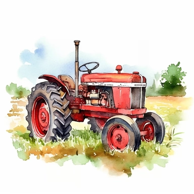 watercolor red tractor on farmland clipart