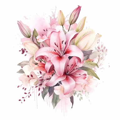 A graceful pink watercolor floral bouquet clipart, featuring an arrangement of lush flowers, including roses, lilies, and hydrangeas, with petals gently cascading, capturing the fluidity and softness of the watercolor medium, surrounded by subtle splashes and droplets, evoking a sense of tranquility and serenity, Illustration, watercolor and ink on textured paper,