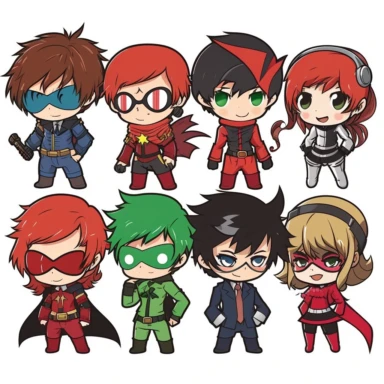 Create a clipart of a group of anime kids dressed up as superheroes, each with their unique costume and powers. The leader of the squad could be a boy with a red and blue suit, resembling a spider, with webs shooting out of his wrists. Another member could be a girl with a green suit, able to control plants and trees. A third member could be a boy with a yellow suit, able to control lightning and electricity. The costumes should have bright colors and bold designs, with each character having the