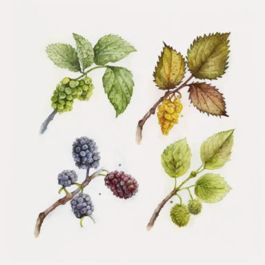set of four, clipart, watercolour, tiny mulberries, white background--v 5