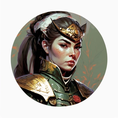 regency female elf elven Persian Asian noble soldier, Josh Kirby Mad Max Lord of the Rings, handpainted enamel punk zine indie retrowave, clipart illustration character portrait, circle white background