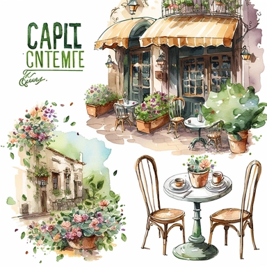 Clipart, watercolor image, imagine a captivating cafe set in a charming European city. The cafe stands on a stone-paved street decorated with vibrant flowers and elegant lampposts. Its exterior is decorated with trailing ivy and blooming window boxes. Outside, tables with white tablecloths and mismatched chairs are scattered on the paved patio. Customers leisurely enjoy their drinks, lounging in the warm sunlight under colorful umbrellas. Through the large windows of the cafe, you can glimpse an