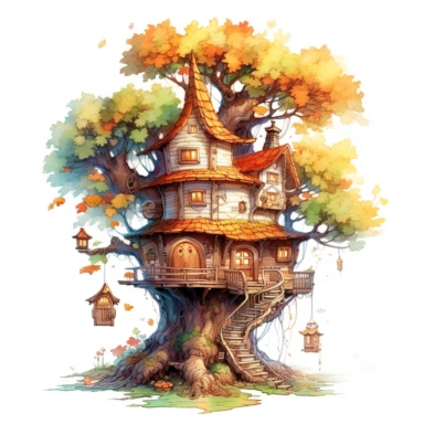 fantasy tree house in maple tree, clipart, white background