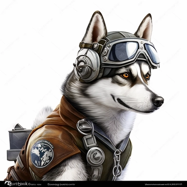 clipart of a husky as the pilot of a fighter jet on a white background