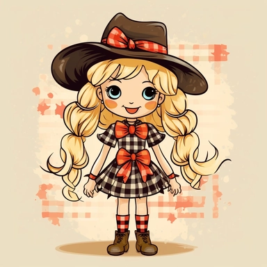little cute blond girl, braids in her hair with bows at the ends, smiling, beautiful festa junina dress plaid, big hugh eyes, smiling, straw hat on her head, boots, clipart style, embarressed with black outline,