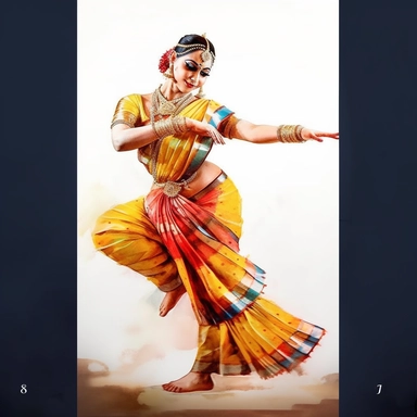 A graceful and enchanting watercolor clipart of a girl performing Bharatanatyam, the classical Indian dance, against a pristine white background. This hand-painted artwork captures the dancer's elegance, highlighting her precise movements and expressions with the artist's skilled brush strokes. The translucent nature of the watercolor medium enables the artist to layer and build up vibrant colors, bringing the dancer's traditional attire and jewelry to life. The fluid shapes and organic forms pr