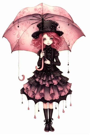 watercolor mixed media pink goth steampunk girl entire body with a gothic steampunk umbrella illustration clipart by holly hobbie