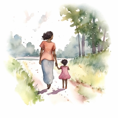 Watercolour illustration, A beautifu black Mom and Me Watercolor, Clipart, High Res, Mother's Day, Mother's Love, waterpaint, fresh colors, happy, white backgroundm, simplified Art Nouveau, walking toward to lake