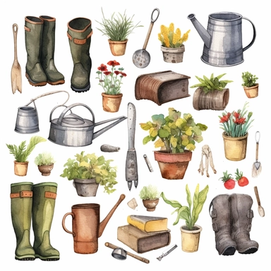 watercolor clipart, items for gardening, trowel, watering can, shovel, gloves, boots, seed packets, detailed, up close