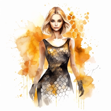gothic style overrealistic beautiful woman in amber honeycomb dress with watercolor effect,gold details,suitable for digital clipart,white background, no physical deformation, realistic features,royality fashion, space out