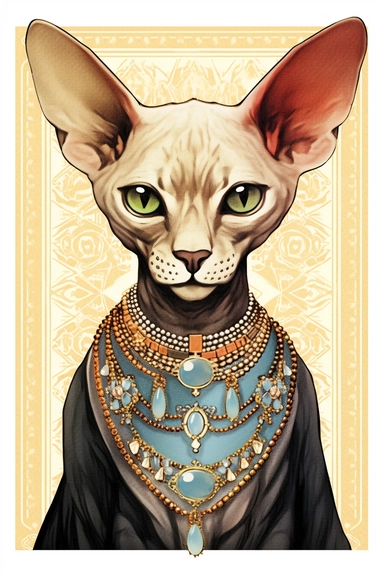 Vintage 1920 Sphynx Cat wearing an elegant necklace encrusted with shimmering crystals and a matching bracelet Illustration , Chromolithograph, Die Cut, 1920s Illustration, Vintage, Chromolithograph, Colorful, Antique, Ephemera, Clipart, 8k, Isolated on white