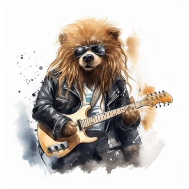 a watercolor of a realistic teddy bear with long hair and black leather jacket on stage, rock band style, vector free clipart illustration, in the style of unreal engine 5, 32k uhd, detailed features, white background