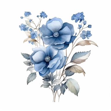 An illustration of blue flower clipart, reminiscent of the delicate and intricate botanical drawings by Beatrix Potter. Exquisite blue blossoms, meticulously rendered with fine details and graceful lines. The flowers exude a sense of elegance and serenity, capturing the beauty of nature. Cool color temperature enhances the calming atmosphere. Soft, diffused lighting adds a touch of softness, highlighting the delicate petals.