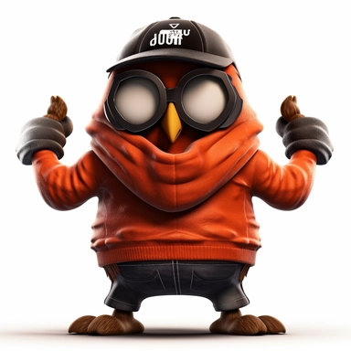 please create pixar style character clipart of an owl dressed like a rapper, back view with arms flexing