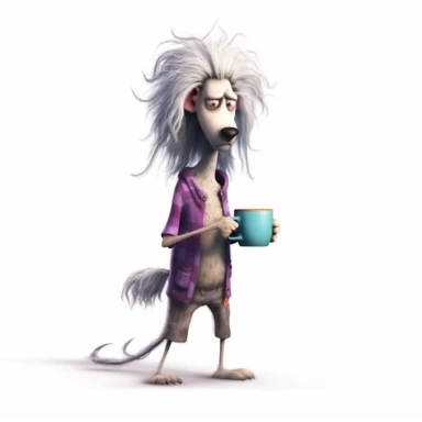 a very skinny dog with frizzed out hair, holding a mug of coffee, tired, pajamas, perfect placement of tail, pixar style, full body image, clipart, white background