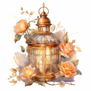 small stack of thick fairy book beside large lantern intricate details, greek in watercolor style, wedding, wedding flowers, rose and gold, cottage clipart, ethereal bohemeian, wedding bird, lantern ,detailed illustration hd, on white background ar 3:2 s 1000
