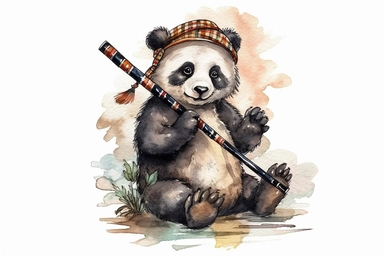 Panda playing bagpipes Clipart, On White Background, Watercolor, Vector Graphic, 4K, Ultra HD,