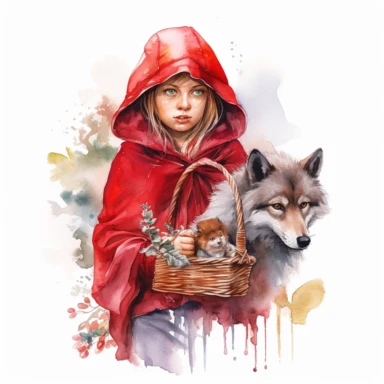 Little Red Riding Hood Watercolor illustration clipart, photorealistic high details, white background