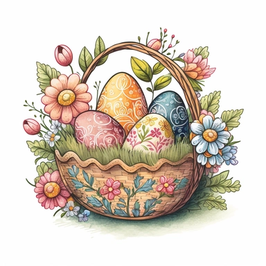 https:funny drawn sketch easter eggs with romanian traditional pattern in a a basket with flowers on white background, artistic painting, easter spring scene, add some spring leaves, add some flowers, add some rabbits and butterflies, pink sgades, watercolor, clipart, 2d, sketch style, no text, no logo