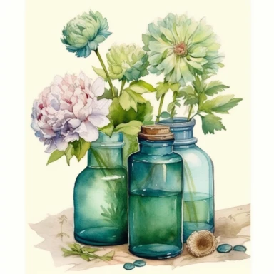 green glass without lid Jars full of flowers ,watercolor, cottage core,peony painted by ann buccarelli,insanely high quality, watercolor , white background, clipart, vintage--q 2