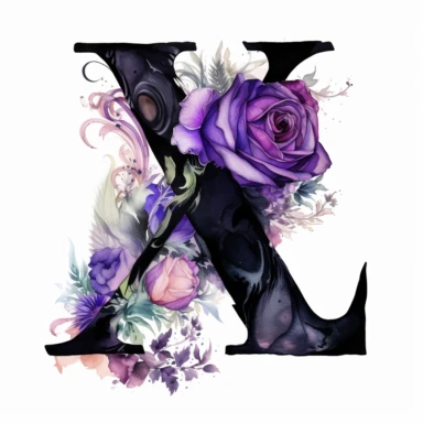 ultra beautiful Victorian vintage black alphabet letter Z, decorated with goth black and purple roses, water colour illustration, clipart, white background