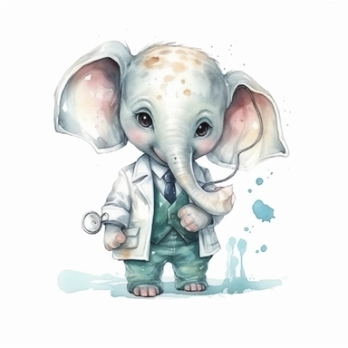 Cute elephant BABY, BEAUTIFUL big SHINING EYES ,HAPPY, dressed as a Doctor , Watercolor Little Animals Clipart, COLORFUL