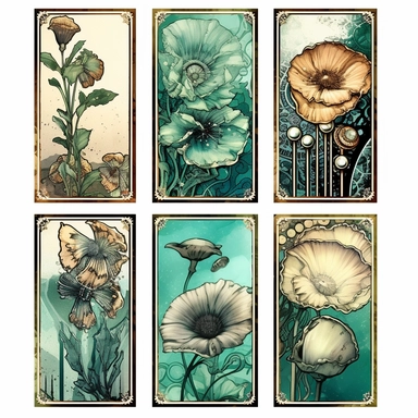 a page of watercolor flowers and street light card collections, set of 4 cliparts, in the style of steampunk-inspired designs, light emerald and beige, great contrast, altered and substituted canvases, art arrangement, photographic source, matte, insanely detailed and sharp, some splash with alcohol ink, nouveau réalisme
