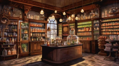 illustration, realistic interior of a vintage bengalore 1896 perfumery and pharmacy with some perfume bottle boxes incense boxes, atmospheric nighttime with ambient lamp lighting, Clipart, watercolor, realistic, full building, highly detailed, hdr, 32K, photo expert quality, watercolor realistic, hyperrealistic and highly detailed