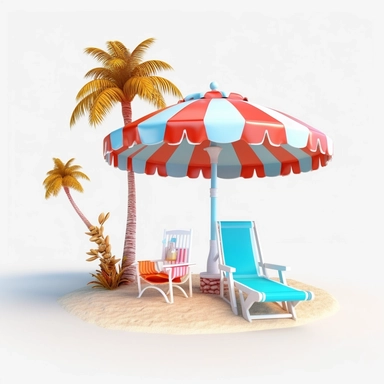 3d island paradise beach with beach chair and sunshade clipart in animation style, in solid white background, summer vacation, bright color, high resolution, 8K,