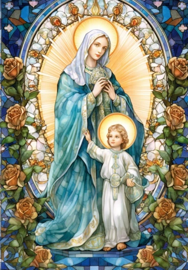 A sharp photograph of an expensive portrait, pay particular attention to the shape of your hands, less watercolor stained glass Madonna and child with matching crowns full body clipart, the Madonna is wearing a medium aquamarine blue mantle with bright white stars on it and the child is wearing a bright white robe, behind them is shimmering bright light, around many blue roses, highly detailed, white background, in the style of Catholic religious art, artist Andrea Lezcano, Vincent Van Gogh, in 