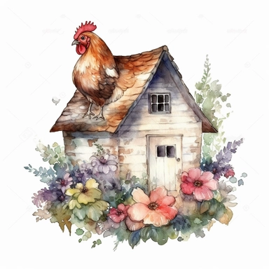 Small Farm house for Chicken Sitting over leaves and Flowers Surrounded,Isolated,Watercolor Clipart,White Background