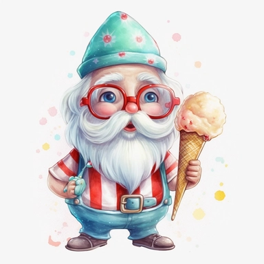 santa summer smile and cute big eyes wear big glasses full body , eat ice cream summer , cute funny laugh detailed digital art, whimsical and cute, cute detailed artwork, glimmering, adorable and whimsical, whimsical art, watercolor Clipart style
