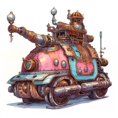 A War tank in sweet steampunk style, water color style, pinks, oranges, blues, teal, and liquid gold, watercolor illustrations, white background, transparent background, clean and elegant, sinister beauty, very detailed, victorian-inspired illustrations, watercolor illustration clipart, watercolor clipart, serge Marshhennikov, victor nizovtsev, i can't believe how beautiful this is