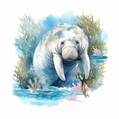 hand drawn Florida manatee, in crystal blue water, underwater with plants, very detailed and realistic, watercolor, white background with margins, clipart style